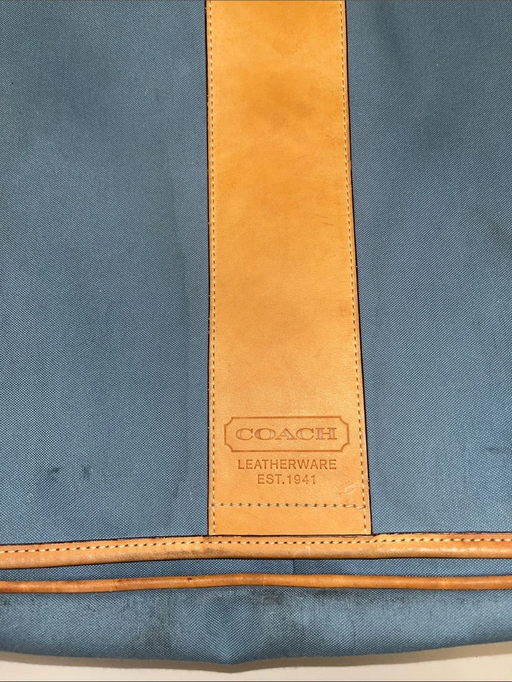 Coach Blue Canvas Messenger / Travel /Laptop with Tan Leather Trim